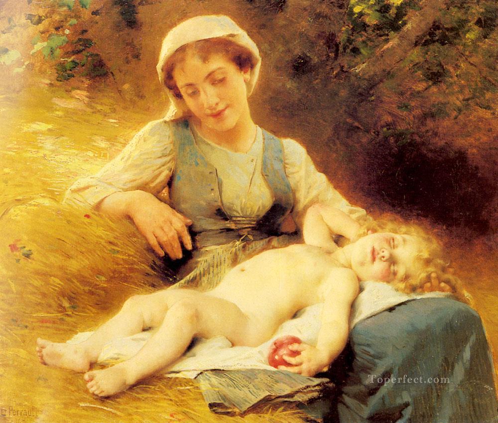 眠っている子供を持つ母親 レオン・バジール・ペロー油絵